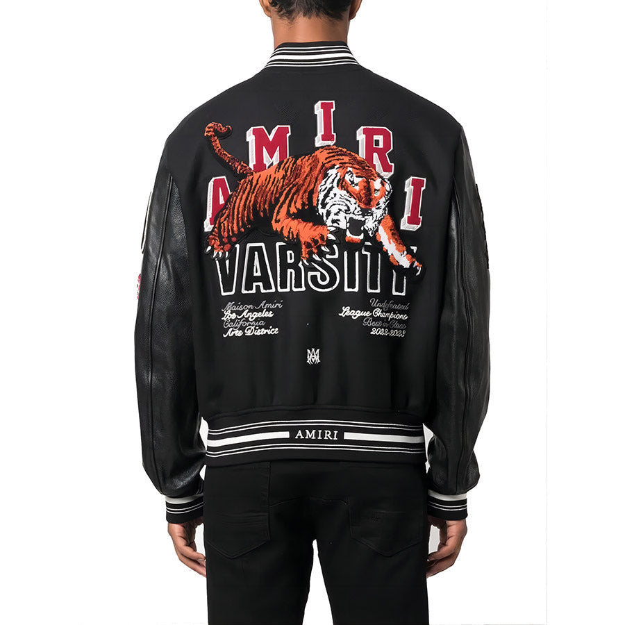 AMIRI Appliquéd Embroidered Wool-Blend Twill and Leather Varsity Jacket