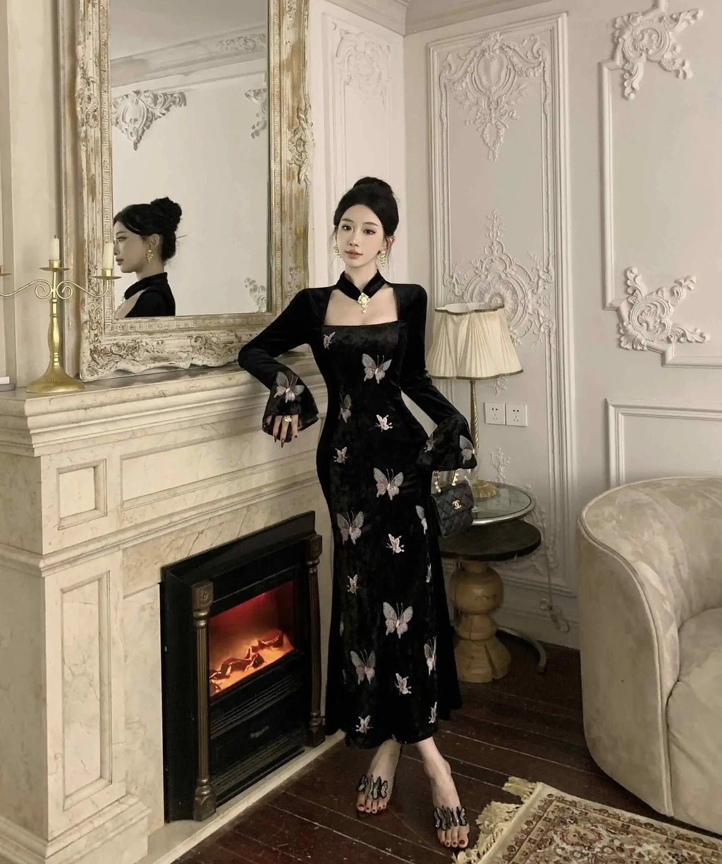 2-Piece Dark Fairy Butterfly Embroidered Velvet Dress with Choker