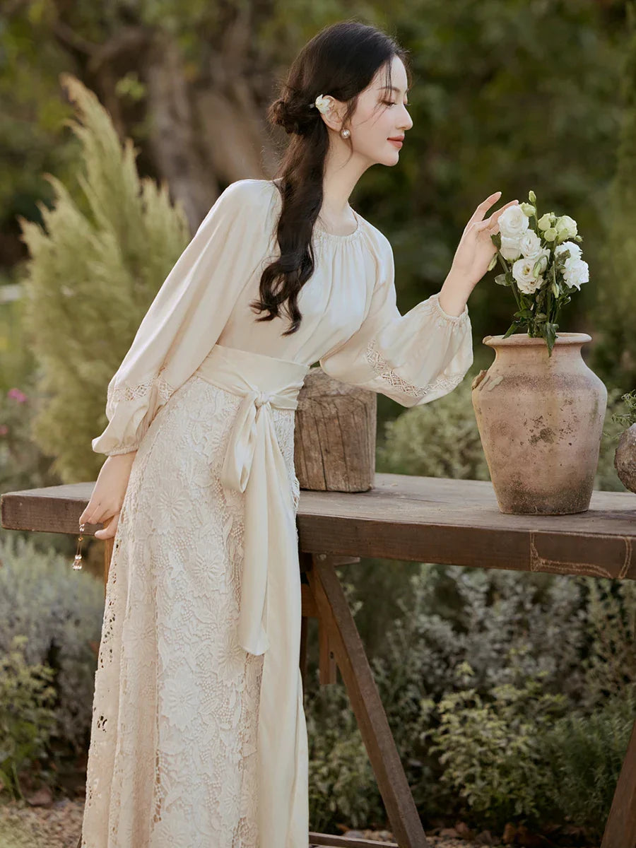 Lotus Heart Romantic Lace Cottagecore Dress Set